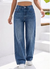 Denim Blue Wide Leg Button Fly High Waisted Jeans