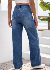 Denim Blue Wide Leg Button Fly High Waisted Jeans