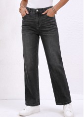 Denim Blue Straight Leg Button Fly High Waisted Jeans