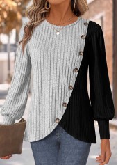 Patchwork Grey Long Sleeve Round Neck T Shirt