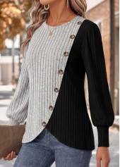 Patchwork Grey Long Sleeve Round Neck T Shirt