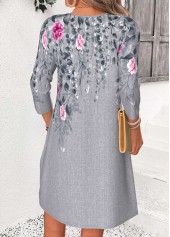 Floral Print Tuck Stitch Dark Grey Marl Short Dress