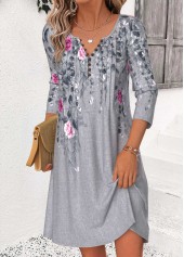 Floral Print Tuck Stitch Dark Grey Marl Short Dress