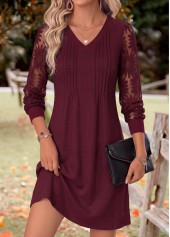 Patchwork Deep Red Long Sleeve V Neck Dress