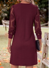 Patchwork Deep Red Long Sleeve V Neck Dress