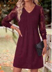 Patchwork Deep Red Long Sleeve V Neck Dress