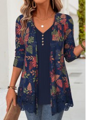 Leaf Print Navy Long Sleeve Fake Two Piece Twinset