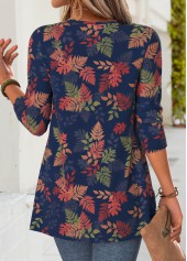Leaf Print Navy Long Sleeve Fake Two Piece Twinset