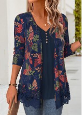 Leaf Print Navy Long Sleeve Fake Two Piece Twinset