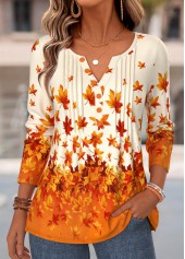 Leaf Print Tuck Stitch Orange Long Sleeve T Shirt