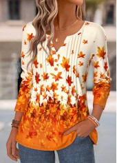 Leaf Print Tuck Stitch Orange Long Sleeve T Shirt