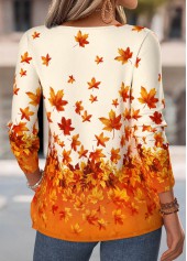 Leaf Print Tuck Stitch Orange Long Sleeve T Shirt