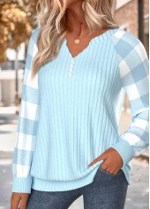 Plaid Button Light Blue Long Sleeve Split Neck Sweatshirt