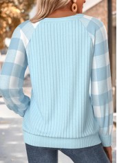 Plaid Button Light Blue Long Sleeve Split Neck Sweatshirt