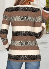 Striped Shirred Dark Coffee Long Sleeve T Shirt