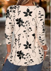 Floral Print Patchwork Light Camel Long Sleeve T Shirt