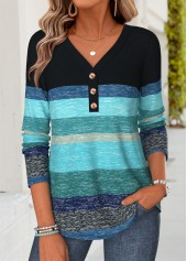 Striped Patchwork Blue Long Sleeve V Neck T Shirt