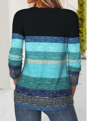 Striped Patchwork Blue Long Sleeve V Neck T Shirt