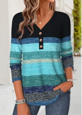 Striped Patchwork Blue Long Sleeve V Neck T Shirt