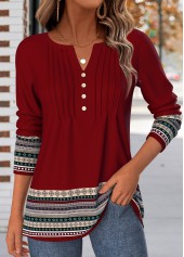 Tribal Print Tuck Stitch Deep Red T Shirt