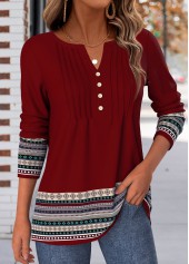 Tribal Print Tuck Stitch Deep Red T Shirt