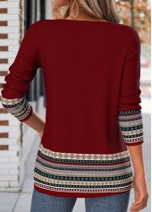 Tribal Print Tuck Stitch Deep Red T Shirt