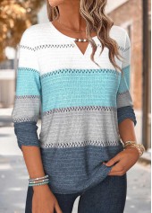 Striped Shirred Blue 3/4 Sleeve Blouse