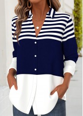 Striped Tummy Coverage Dark Blue Long Sleeve Shirt