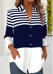 Striped Tummy Coverage Dark Blue Long Sleeve Shirt