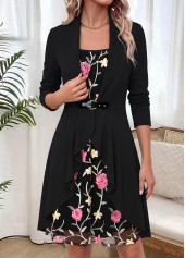 Two-piece Black Long Sleeve Round Neck Dress and Cardigan