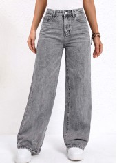 Soft Grey Wide Leg Button Fly High Waisted Jeans