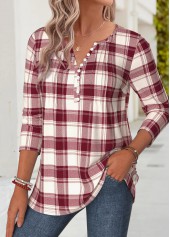 Plaid Tuck Stitch Red Long Sleeve T Shirt
