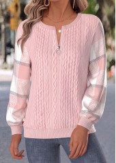 Plaid Button Light Pink Long Sleeve Sweatshirt