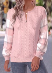 Plaid Button Light Pink Long Sleeve Sweatshirt