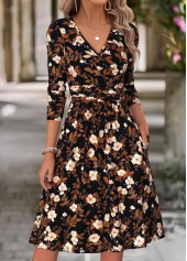 Floral Print Surplice Multi Color Long Sleeve Dress
