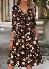 Floral Print Surplice Multi Color Long Sleeve Dress