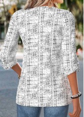 Geometric Print Curved Hem Raw White 3/4 Sleeve Blouse