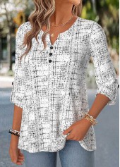 Geometric Print Curved Hem Raw White 3/4 Sleeve Blouse