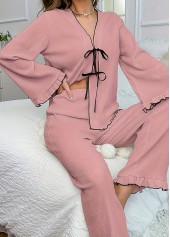 Pink V Neck Long Sleeve Lounge Top and Pants