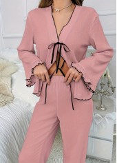 Pink V Neck Long Sleeve Lounge Top and Pants