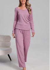 Pink Scoop Neck Long Sleeve Lounge Top and Pants