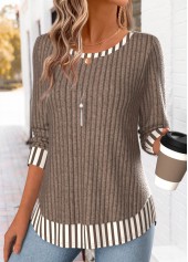Striped Fake 2in1 Dark Coffee Long Sleeve T Shirt