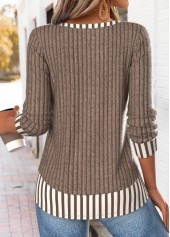 Striped Fake 2in1 Dark Coffee Long Sleeve T Shirt