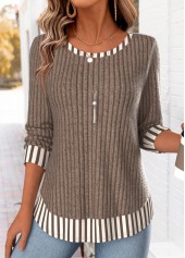 Striped Fake 2in1 Dark Coffee Long Sleeve T Shirt