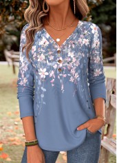Floral Print Curved Hem Blue Long Sleeve T Shirt