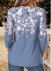 Floral Print Curved Hem Blue Long Sleeve T Shirt