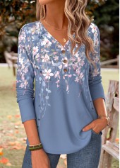 Floral Print Curved Hem Blue Long Sleeve T Shirt