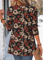Leaf Print Black Long Sleeve Fake Two Piece Twinset