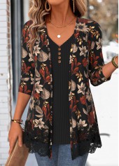 Leaf Print Black Long Sleeve Fake Two Piece Twinset