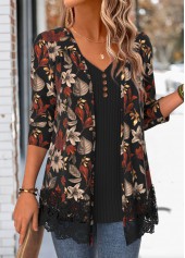 Leaf Print Black Long Sleeve Fake Two Piece Twinset